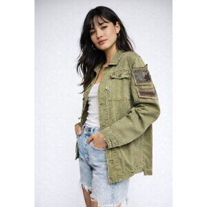 Free People XS Military Green Cotton Shirt Jacket Beaded Embellished Distress